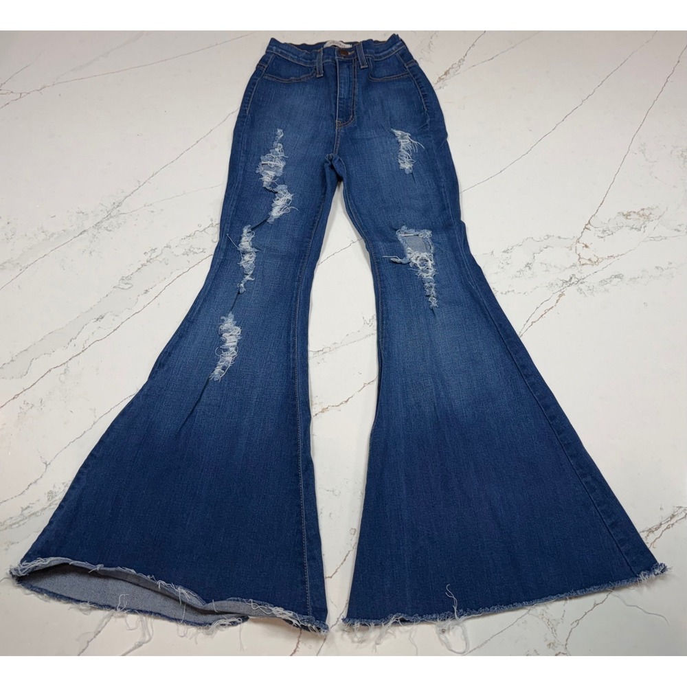 Vibrant MIU Women 3 W25 Blue Distressed High Rise Flare Bell Bottom Jeans USA